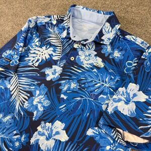 Good Good Golf Mens Blue Tropical Floral Print Short Sleeve Polo Shirt Small